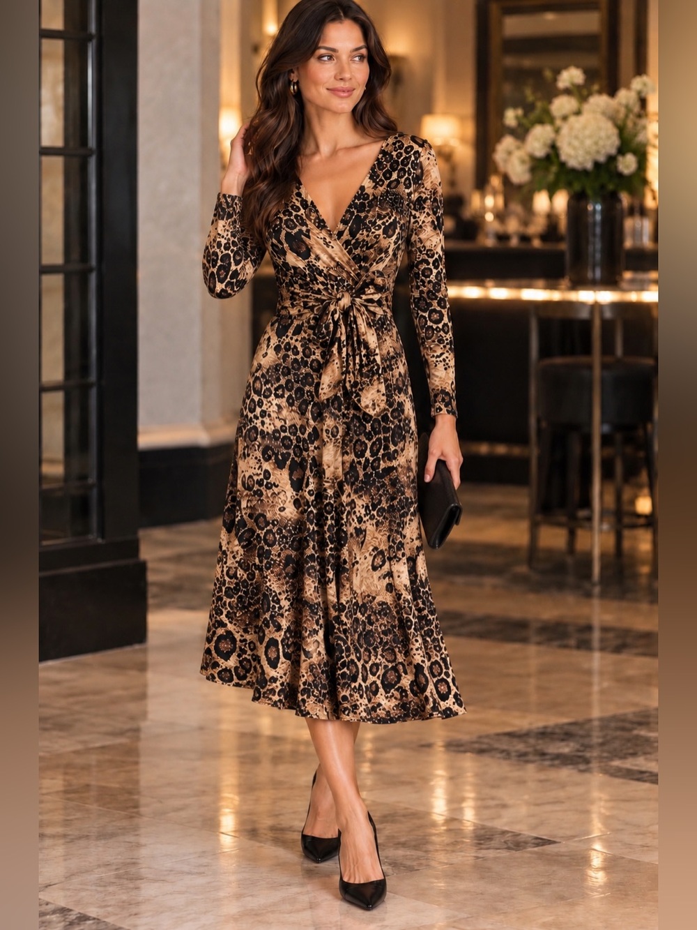 Vintage Y2K Newport News Leopard Animal Print Faux Wrap Midi Dress M Mobwife